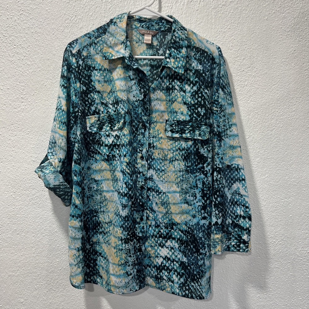 White Stag XL  Top Shirt Blue Snake Print Button Up Tab 3/4 Sleeve Collared